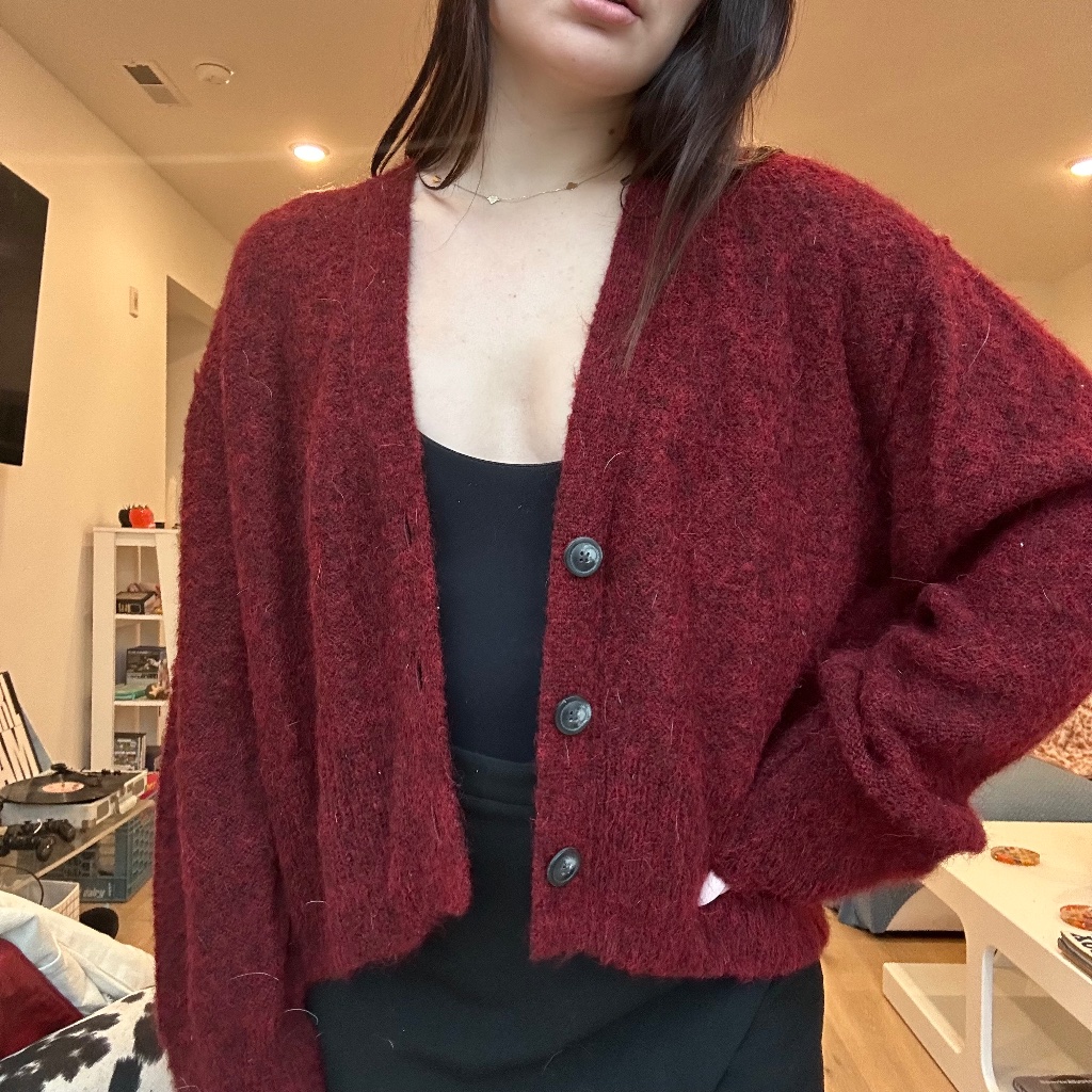 Free People Burgundy Red Eyelash Knit Eclaire Slouchy Cardigan Sweater Xs